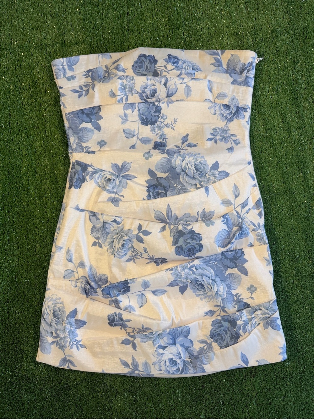 Windsor Strapless Cream Dress with Blue Floral Print